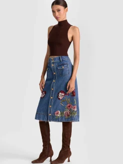Alice and Olivia DAHLIA EMBROIDERED DENIM SKIRT