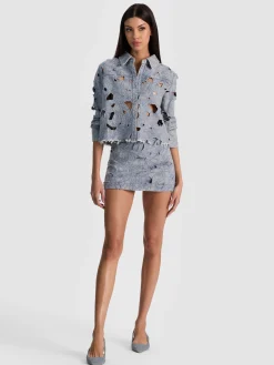 Alice and Olivia FINELY LASER-CUT DENIM SHIRT
